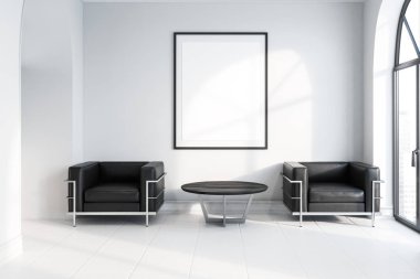 Modern ofis bekleme yeri beyaz duvarları, kiremitli kat, kemerli pencere ve yuvarlak sehpa yakınındaki siyah koltuklar ile önden görünümü. Dikey poster. 3D render alay