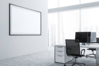 Beyaz duvarlar, beton zemin, siyah sandalye ve duvardaki yatay poster ile beyaz bilgisayar masaları ile modern ofis işyeri. 3D render alay