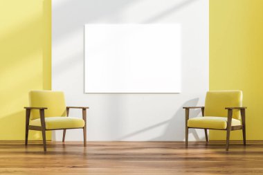 Beyaz ve sarı duvarlar, ahşap zemin ve aralarında yatay posteri ile iki sarı ve ahşap koltuk minimalist oturma odası iç. 3D render alay