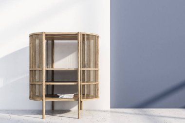 Beyaz ve mor duvarlar, beton zemin ve ahşap kitaplık ile minimalist oturma odası iç. 3D render