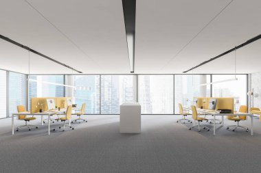 Beyaz zemin, halı zemin üzerinde ve iki sıra sarı sandalye ile beyaz ve sarı Bilgisayar masaları ile panoramik office yan görünüm. 3D render