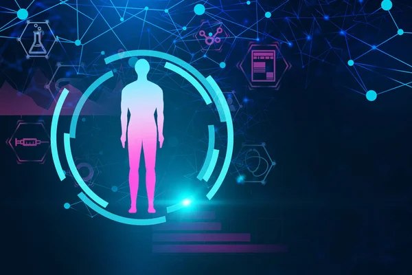 Blue red man figure in hud over dark blue background with medical icons and network hologram. Hi tech in medicine concept. 3d rendering toned image double exposure mock up