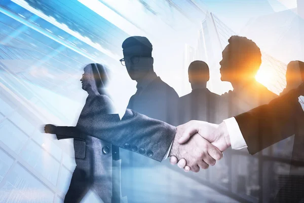 Unrecognizable Businessmen Shaking Hands Office Double Exposure Business Team Cityscape — Stock Photo, Image