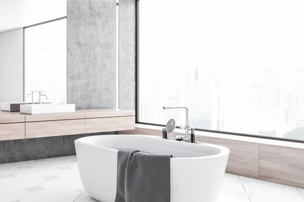 Corner Modern Bathroom Concrete Walls Tiled Floor Panoramic Window White — Stock Photo, Image