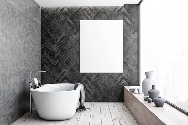 Interior Modern Bathroom Black Wooden Concrete Walls Tiled Floor Panoramic — Stock Photo, Image