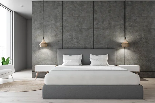 Slaapkamer Interieur Met Betonnen Muren Houten Vloer Grijze Master Bed — Stockfoto