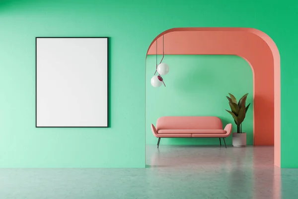 Interieur Van Moderne Woonkamer Met Groene Rode Muren Stenen Vloer — Stockfoto