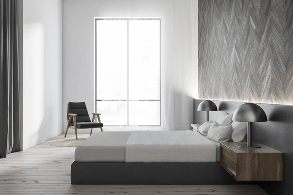 Sisi Interior Kamar Tidur Dengan Dinding Putih Dan Kayu Lantai — Stok Foto