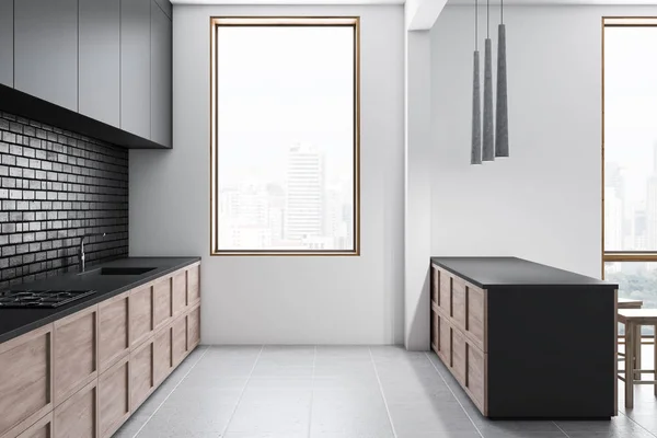 Side View Modern Kitchen White Black Brick Walls Tiled Floor — Stock Photo, Image
