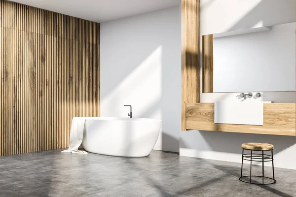 Angolo Bagno Moderno Con Pareti Bianche Legno Pavimento Cemento Vasca — Foto Stock