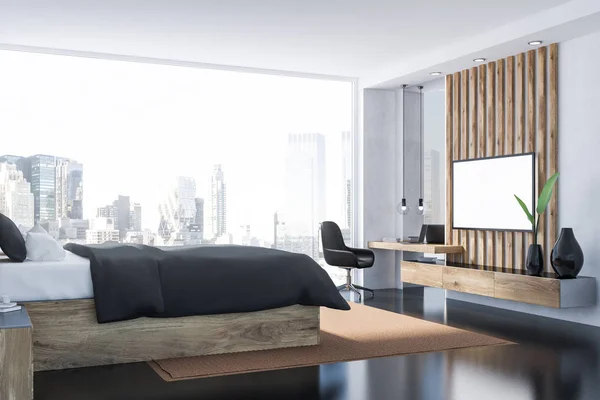 内部的主卧室与白色的墙壁 黑色的地板 全景窗口 灰色的主床和家庭办公室角落与大电视机设置 渲染模拟 — 图库照片