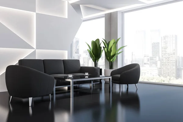 Interior Moderna Sala Espera Oficina Con Paredes Blancas Suelo Negro — Foto de Stock