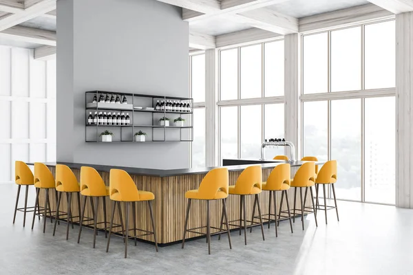 Corner of modern bar with white walls, concrete floor, big windows, wooden and gray bar with yellow stools standing near it. Shelves with wines. 3d rendering