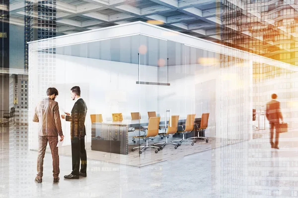 Businessmen Talking Corner Office Meeting Room White Glass Walls Concrete — Stock Photo, Image