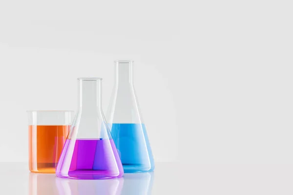 Close Test Tubes Orange Purple Blue Liquids Standing White Table — Stock Photo, Image