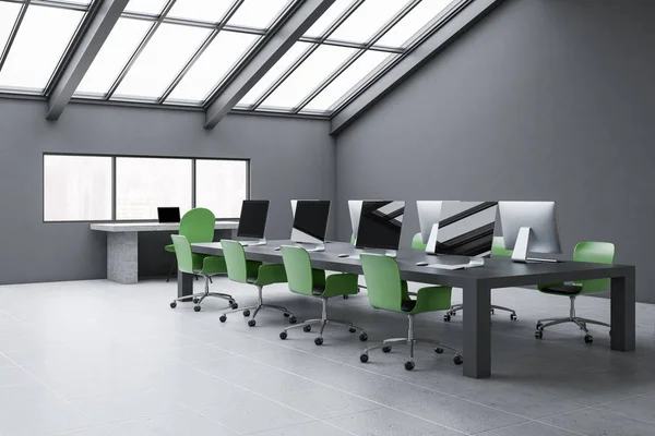 Corner Attic Office Gray Walls Tiled Floor Long Gray Table — Stock Photo, Image