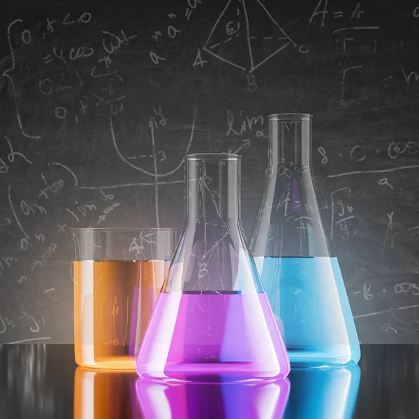 Test Tubes Orange Purple Blue Liquids Standing Black Table Blackboard — Stock Photo, Image