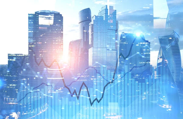Blue glowing graphs and bar charts over cityscape background. Concept of stock market. 3d rendering toned image double exposure