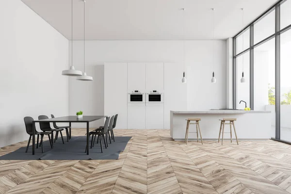 Innenraum Der Modernen Küche Mit Weißen Wänden Holzboden Weißer Theke — Stockfoto