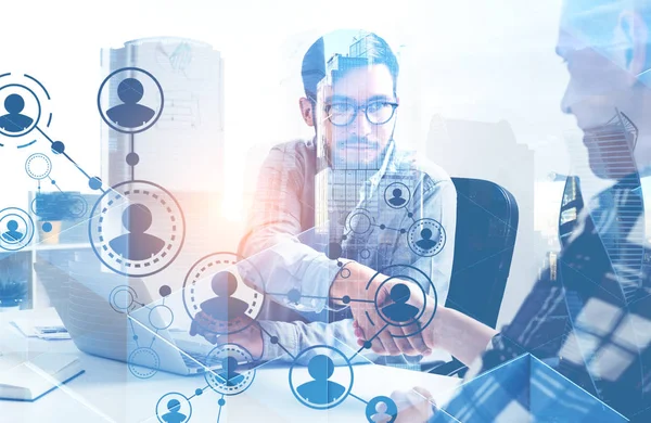 Two Young Businessmen Shaking Hands Sitting Office Double Exposure Modern — Stock Photo, Image