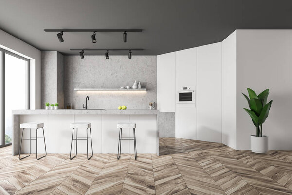 Interior of panoramic kitchen with concrete walls, wooden floor, white and concrete counters and white bar with stools. 3d rendering