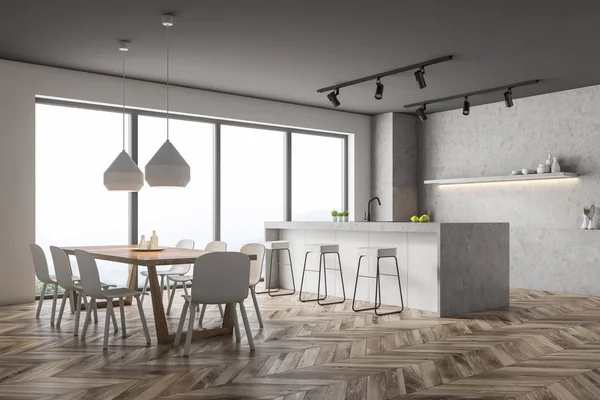 Corner Panoramic Kitchen Concrete Walls Wooden Floor White Concrete Counters — Stock Photo, Image