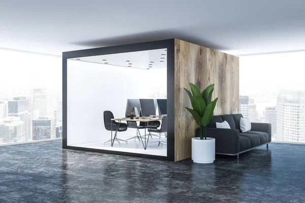 Side view of white and wooden office with long wooden computer table and two rows of chairs standing in panoramic office lobby with concrete floor and sofa. 3d rendering