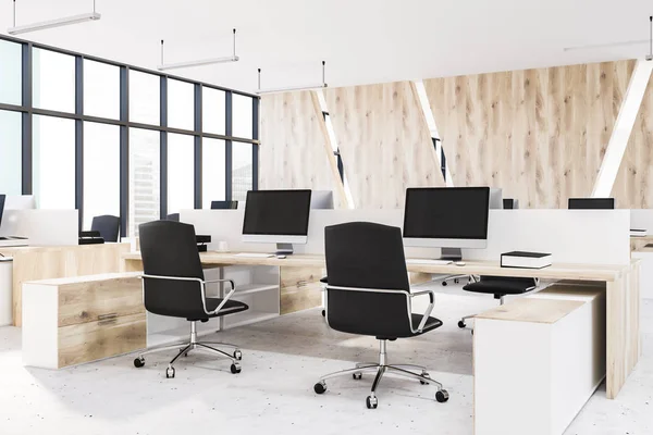 Corner Modern Office Wooden Walls Concrete Floor White Wooden Computer — Stock Photo, Image