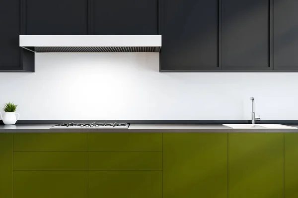 Close Modern Kitchen White Walls Gray Cupboards Green Countertops Sink — Stock Photo, Image