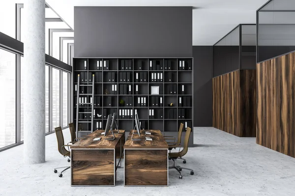 Interior Modern Office Gray Walls Concrete Floor Wooden Computer Tables — Stock Photo, Image