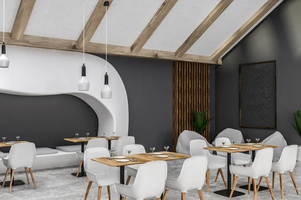 Interior of stylish restaurant with black walls, concrete floor, square wooden tables with white chairs and original white sofa and vertical blackboard. 3d rendering