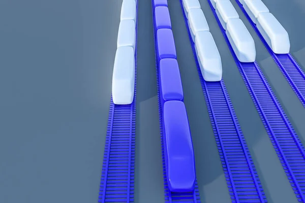 Modelli Treni Bianchi Blu Rotaie Blu Poste Verticalmente Sfondo Grigio — Foto Stock