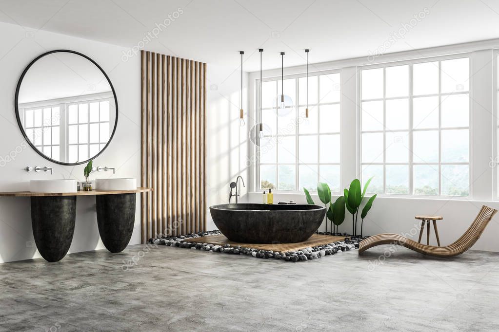 Corner of modern bathroom with white and wooden walls, concrete floor, round black bathtub, two black sinks with big round mirror and wooden armchair. 3d rendering