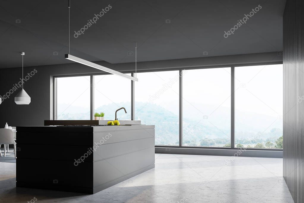 Interior of modern kitchen with gray walls, concrete floor, panoramic window and gray island with built in cooker and sink. 3d rendering