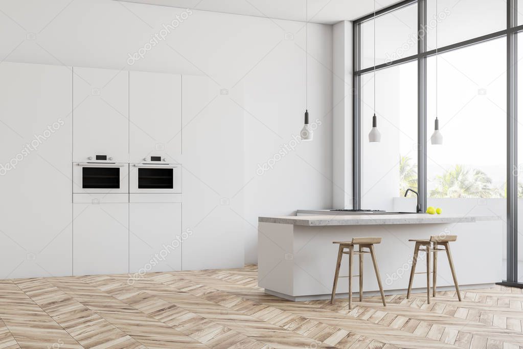Minimalistic white kitchen corner with white walls, wooden floor, loft windows, white cupboard with built in ovens and white bar with stools next to countertops with sink. 3d rendering
