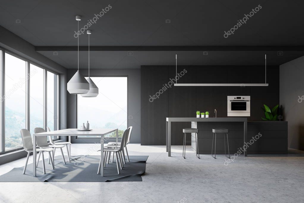 Interior of modern kitchen with gray and wooden walls, concrete floor, gray island and bar with stools and white table with chairs. 3d rendering