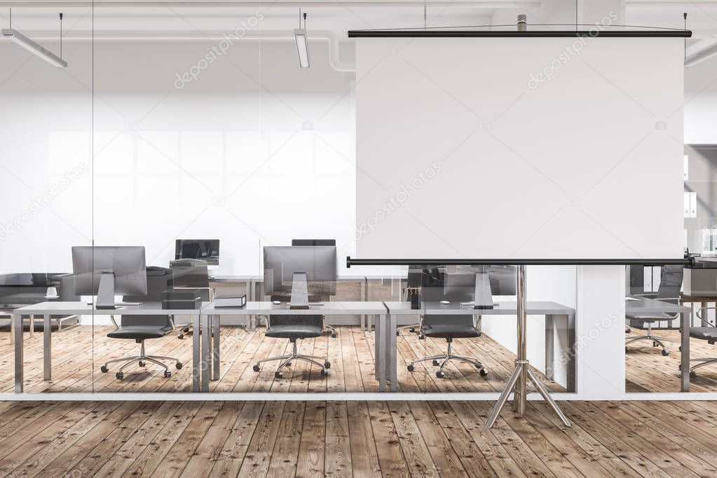 Horizontal poster standing in office lobby with white walls, wooden floor and rows of gray computer tables seen through glass wall. 3d rendering mock up