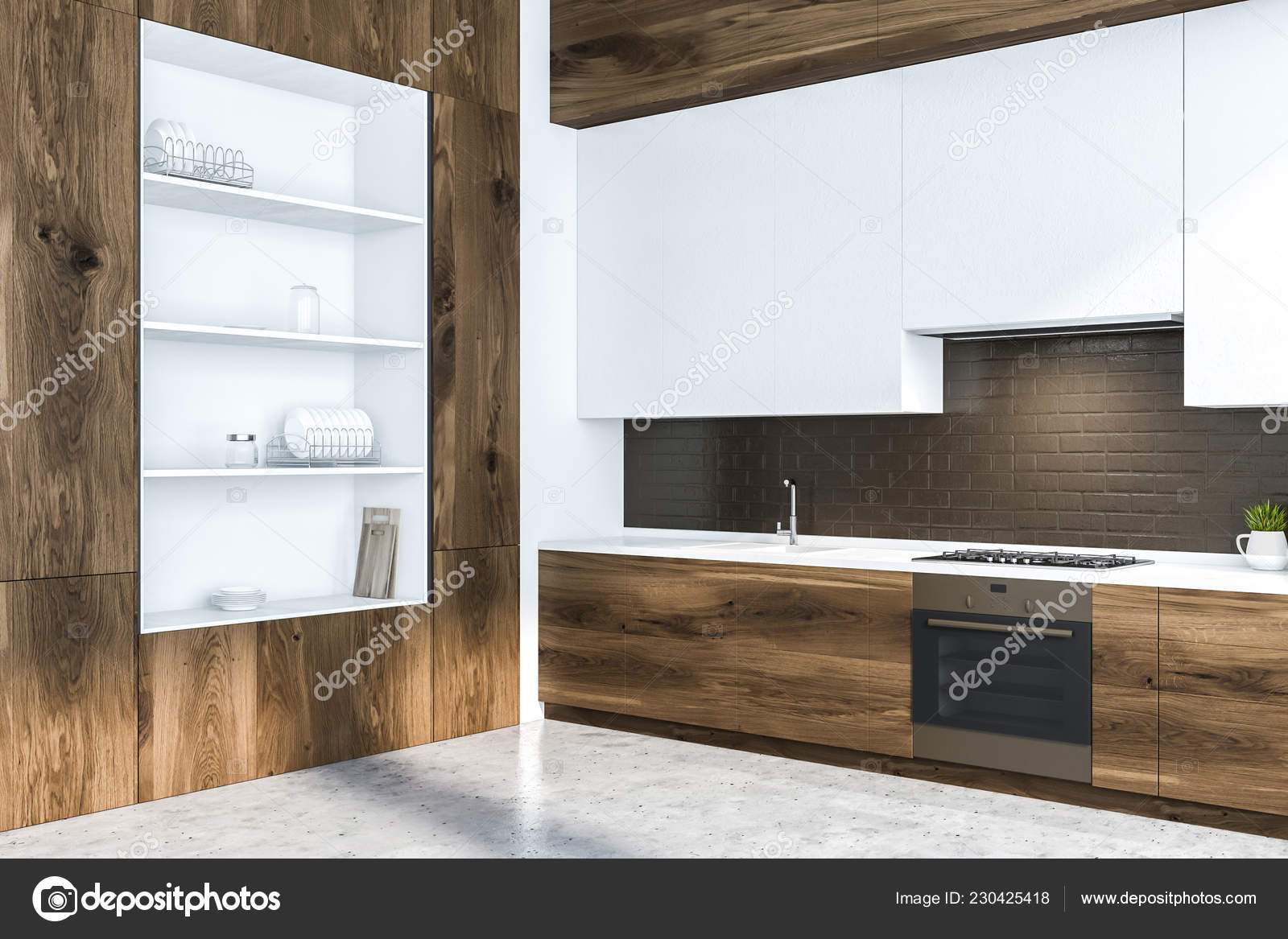 Corner Modern Kitchen Black Brick Walls Concrete Floor Wooden