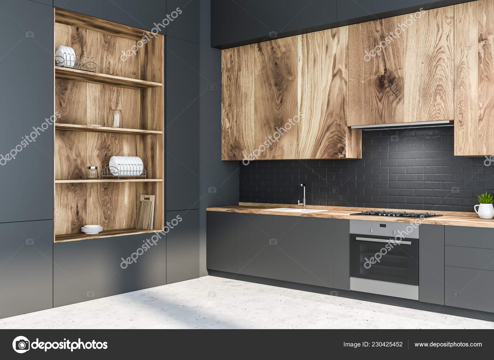 Corner Modern Kitchen Black Brick Walls Concrete Floor Gray