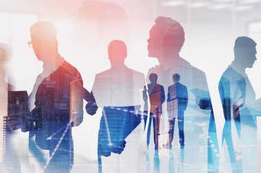 Moskova şehir ve grafiklerin ön planda çift pozlama ile siluetleri iş adamları. Tonlu görüntü bulanık