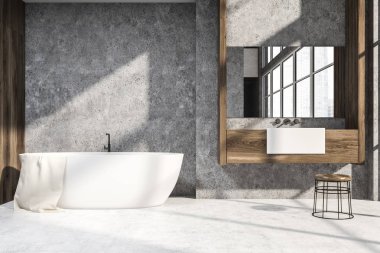 Beton ve ahşap duvarlar, beyaz zemin, beyaz küvet ve ahşap tezgah üzerinde duran lavabo banyo iç. 3D render