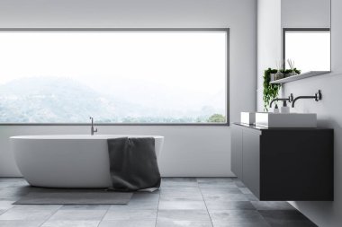 Büyük pencere ve çift lavabo üzerinde gri tezgah altında ayakta beyaz küvet banyo beyaz duvarlı, kiremitli kat, iç. 3D render
