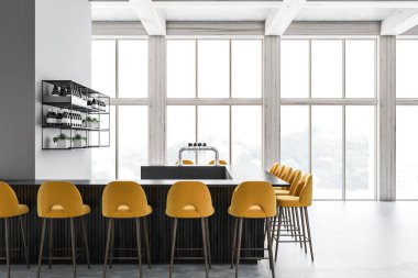 İç çatı bar Gri duvarlar, beton zemin, koyu ahşap ve siyah sarı dışkı ile bar ve raflar şarapları. 3D render