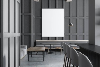 İç in bar-Gri duvarlar, beton zemin, siyah bar yakınındaki siyah gri tabure, gri kanepeler ile ve ahşap masa ve dikey posteri. 3D render alay
