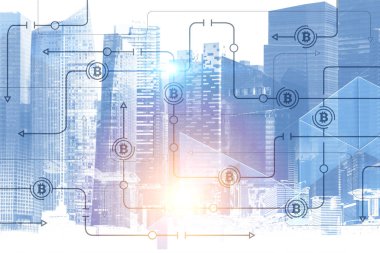 Modern cityscape arka plan üzerinde parlayan bitcoin ağ kroki. Sanal para ve araştırma kavramı. 3D render resim çift pozlama tonda