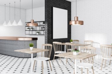 Beyaz ve siyah tuğla duvarlar, kiremitli kat ve onlara yakın beyaz ve ahşap sandalye ile kare ahşap masa ile modern kafe köşesinde. Dikey poster. 3D render alay