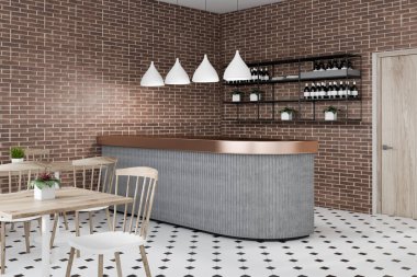 Köşe bar ile tuğla duvarlar, zemin, gri bar, raflar şarapları ve beyaz ve ahşap sandalye ile ahşap masa döşenir. 3D render