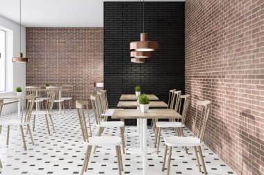 Tuğla ve siyah tuğla duvarlar, kiremitli kat ve onlara yakın beyaz ve ahşap sandalye ile kare ahşap masa ile modern café iç. 3D render