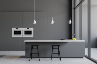Minimalist gri mutfak iç Gri duvarlar, beton zemin, çatı windows ile olan gri dolabında fırınlar ve gri bar tabureleri lavabo tezgahı yanındaki ile inşa. 3D render