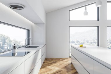 Beyaz duvarları, ahşap zemin, beyaz ada ve yapılı içinde lavabo ve Ocak ile beyaz mutfak tezgahı ile modern mutfak iç. 3D render